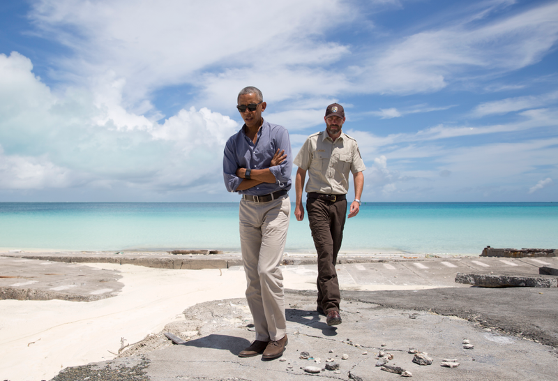 Former President Barack Obama tours Midway Atoll in the Papahanaumokuakea Marine National Monument, Norhwestern Hawaiian Islands, with Marine National Monuments Superintendent Matt Brown, Thursday, Sept. 1, 2016. AP Photo/Carolyn Kaster